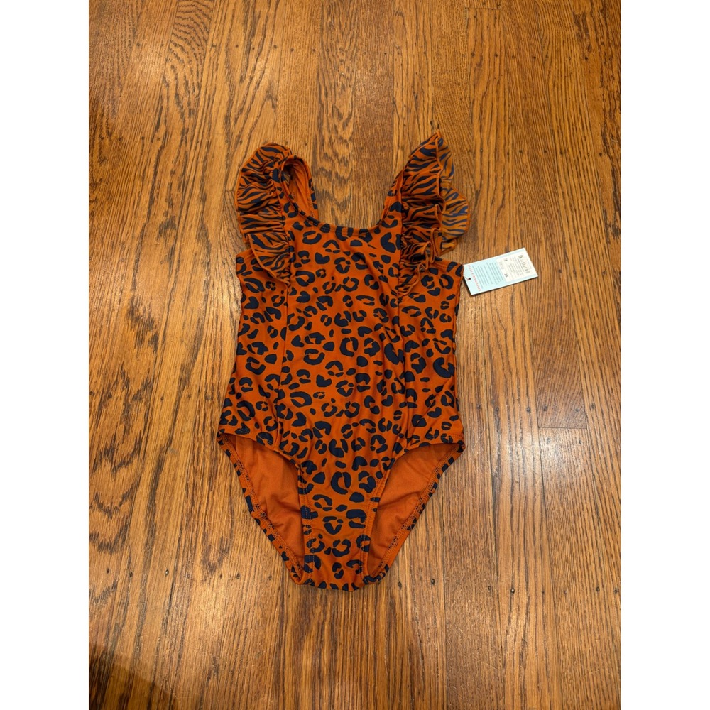 Cat & Jack Girls 5T One Piece Swimsuit Copper Orange Animal Print Ruffle UPF 50+